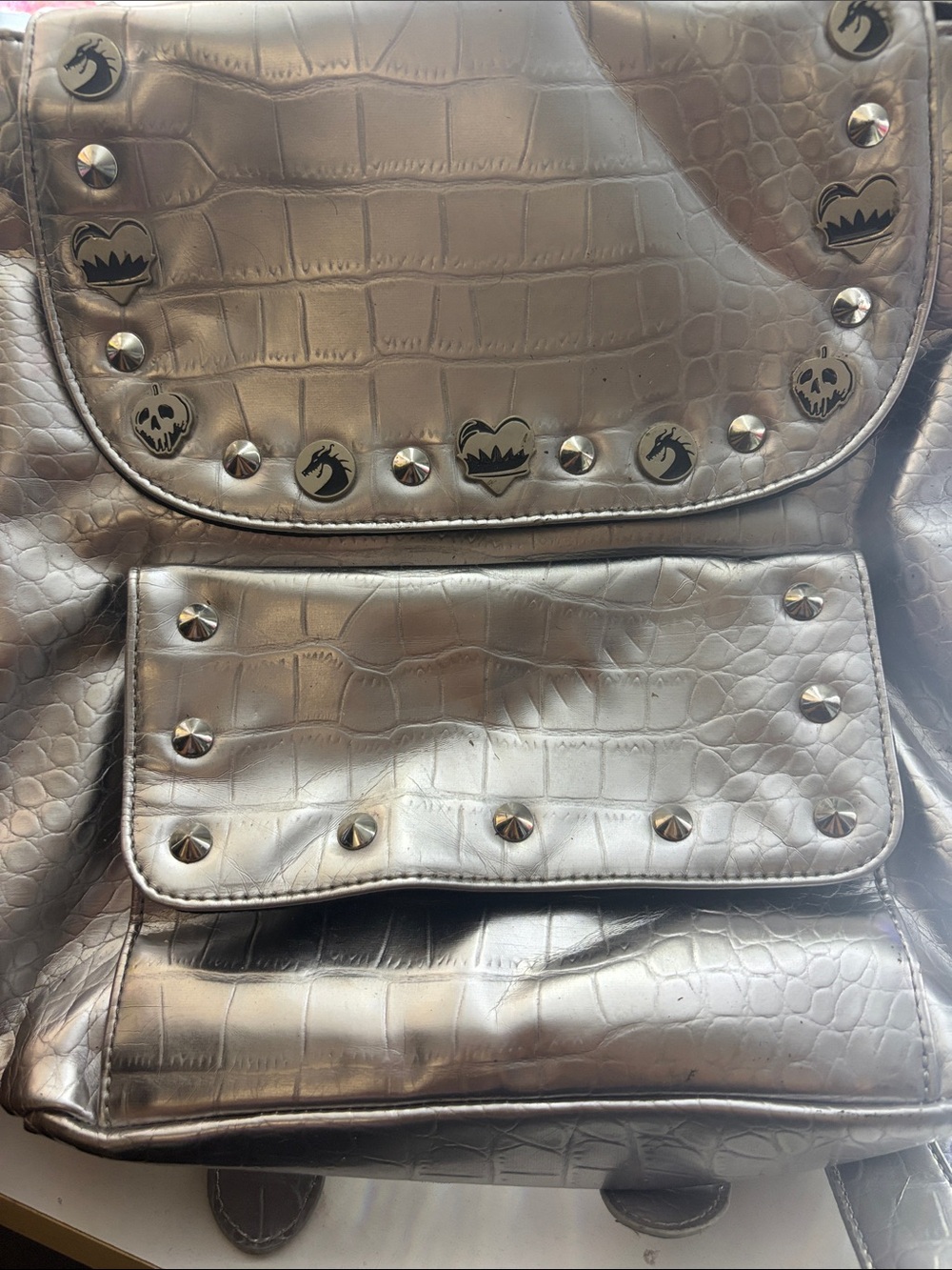 Disney Metallic Silver Croc-Embossed Studded Backpack